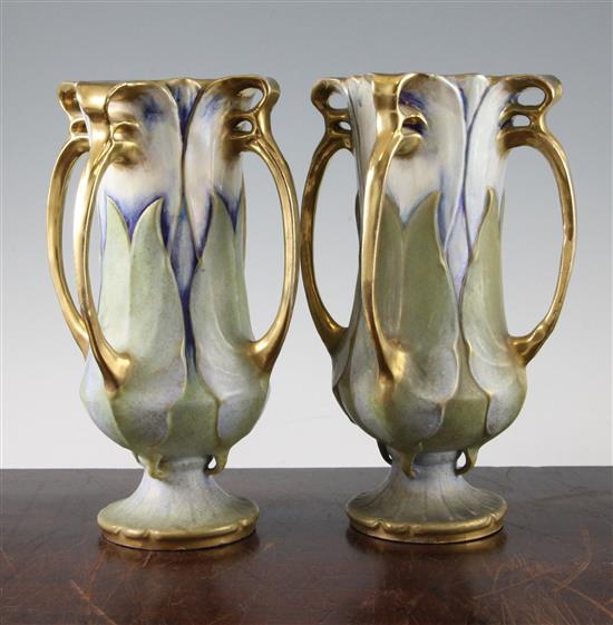 A pair of Art Nouveau period Amphora vases, possibly designed by Paul Dachsel, 24.5cm